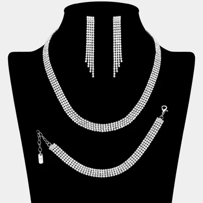 Fashnzfab Rhinestone Paved 4-row Necklace Jewelry Set In Silver