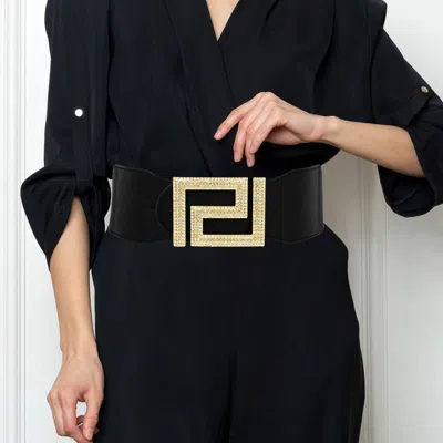 Fashnzfab Rhinestone Paved Abstract Buckle Elastic Belt In Black
