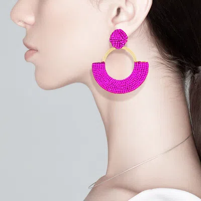 Fashnzfab Rhinestone Paved Abstract Half Moon Earrings In Pink