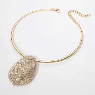 Fashnzfab Rhinestone Paved Abstract Oval Pendant Statement Necklace In Gold