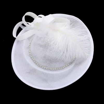 Fashnzfab Rhinestone Paved Band Pointed Feather Bow Fascinator / Headband In White