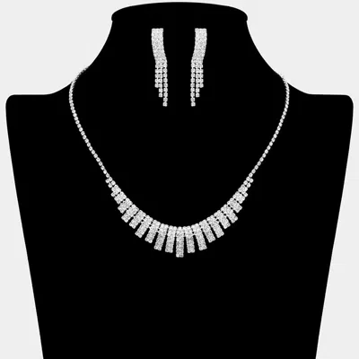 Fashnzfab Rhinestone Paved Bar Accent Necklace - Clear, Silver In Metallic