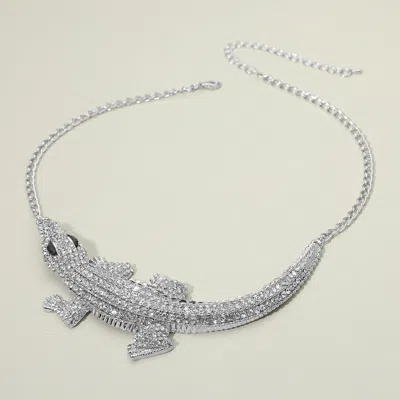 Fashnzfab Rhinestone Paved Bold Alligator Accent Statement Necklace In Silver