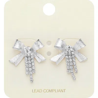 Fashnzfab Rhinestone Paved Bow Fringe Earrings - Rhodium In Silver