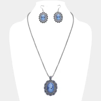 Fashnzfab Rhinestone Paved Cameo Pointed Pendant Necklace In Blue