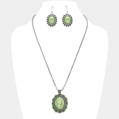 Fashnzfab Rhinestone Paved Cameo Pointed Pendant Necklace In Green