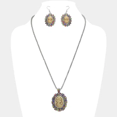 Fashnzfab Rhinestone Paved Cameo Pointed Pendant Necklace In Multi