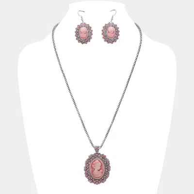 Fashnzfab Rhinestone Paved Cameo Pointed Pendant Necklace In Pink
