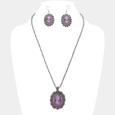 Fashnzfab Rhinestone Paved Cameo Pointed Pendant Necklace In Purple