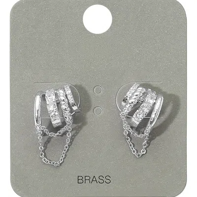 Fashnzfab Rhinestone Paved Chain Design Cuff Earrings - Clear, Rhodium In Silver