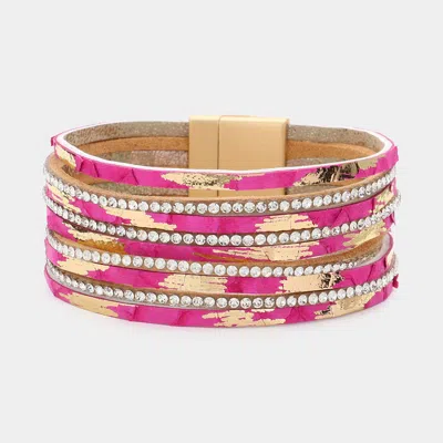 Fashnzfab Rhinestone Paved Chain Faux Leather Magnetic Bracelet Fuchsia In Pink