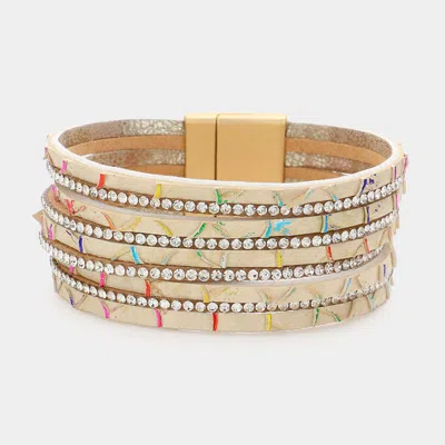 Fashnzfab Rhinestone Paved Chain Faux Leather Magnetic Bracelet Ivory In Gold