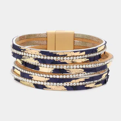 Fashnzfab Rhinestone Paved Chain Faux Leather Magnetic Bracelet Navy In Blue