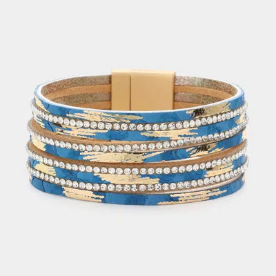 Fashnzfab Rhinestone Paved Chain Faux Leather Magnetic Bracelet Turquoise In Blue