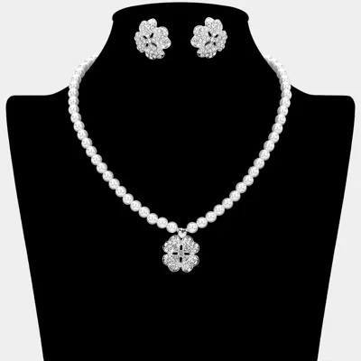 Fashnzfab Rhinestone Paved Clover Pendant Pearl Necklace In White