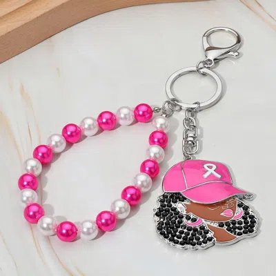 Fashnzfab Rhinestone Paved Cool Afro Woman In Awareness Pink Ribbon Cap Beaded Wristlet Keychain / Bag Charm In Black