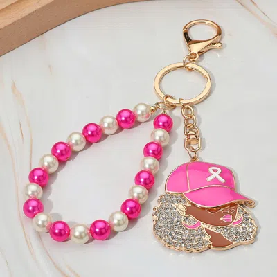 Fashnzfab Rhinestone Paved Cool Afro Woman In Awareness Pink Ribbon Cap Beaded Wristlet Keychain / Bag Charm In Gold