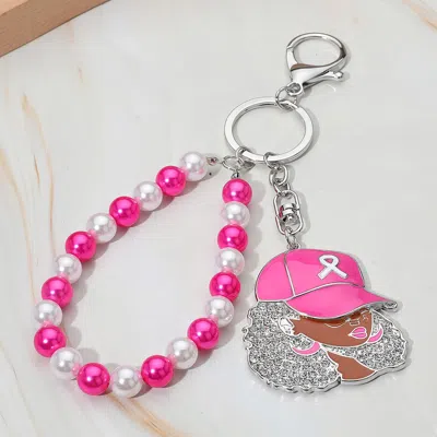 Fashnzfab Rhinestone Paved Cool Afro Woman In Awareness Pink Ribbon Cap Beaded Wristlet Keychain / Bag Charm In Multi