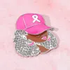 Fashnzfab Rhinestone Paved Cool Afro Woman In Awareness Pink Ribbon Cap Pin Brooch In Pink