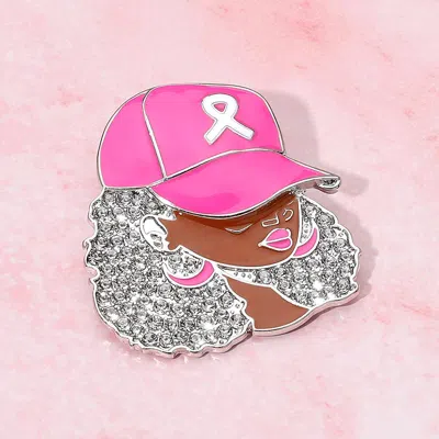 Fashnzfab Rhinestone Paved Cool Afro Woman In Awareness Pink Ribbon Cap Pin Brooch In Purple