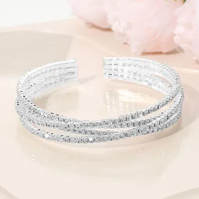 Fashnzfab Rhinestone Paved Crisscross Multi Row Evening Cuff Bracelet Clear, Silver
