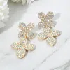 Fashnzfab Rhinestone Paved Double Flower Link Drop Evening Earrings - Clear, Gold In Gold