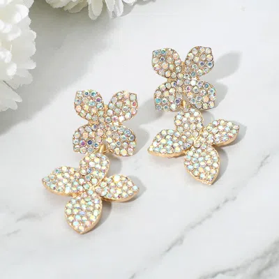 FASHNZFAB RHINESTONE PAVED DOUBLE FLOWER LINK DROP EVENING EARRINGS - AB, GOLD