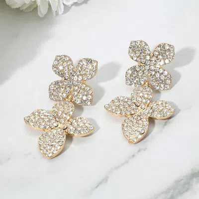 Fashnzfab Rhinestone Paved Double Flower Link Drop Evening Earrings - Clear, Gold