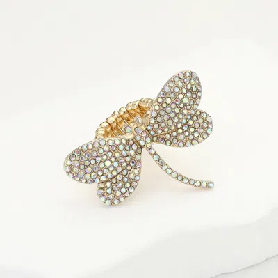 Fashnzfab Rhinestone Paved Dragonfly Stretch Ring In Gold