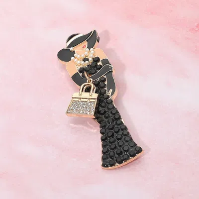 Fashnzfab Rhinestone Paved Elegant Lady With Handbag And Pearls Pin Brooch In Black