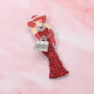 Fashnzfab Rhinestone Paved Elegant Lady With Handbag And Pearls Pin Brooch In Red