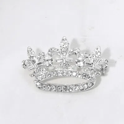 Fashnzfab Rhinestone Paved Fleur De Lis Crown Pin Brooch In Silver