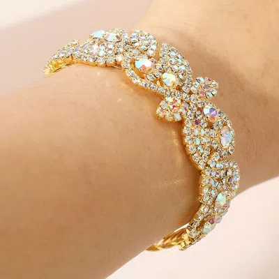 Fashnzfab Rhinestone Paved Floral Leaf Adjustable Evening Bracelet In Gold