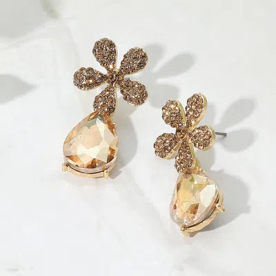Fashnzfab Rhinestone Paved Flower Accent Teardrop Dangle Evening Earrings - Gold, Lt Col Topaz In Multi