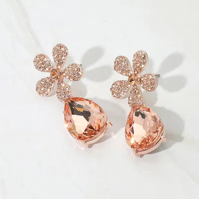 Fashnzfab Rhinestone Paved Flower Accent Teardrop Dangle Evening Earrings - Peach, Rose Gold