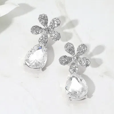 Fashnzfab Rhinestone Paved Flower Accent Teardrop Dangle Evening Earrings In Silver