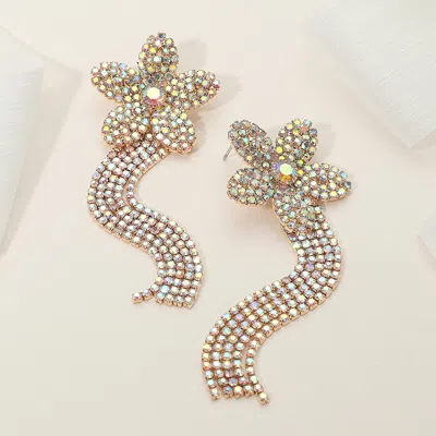 Fashnzfab Rhinestone Paved Flower Fringe Evening Earrings - Ab, Gold