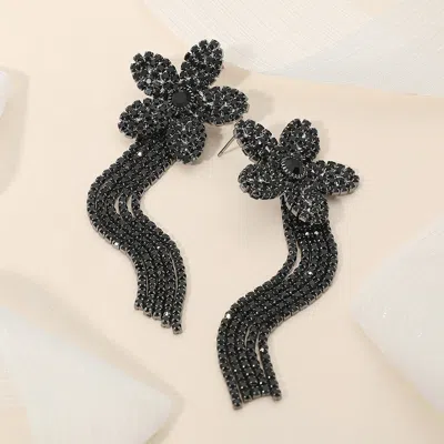 Fashnzfab Rhinestone Paved Flower Fringe Evening Earrings In Black
