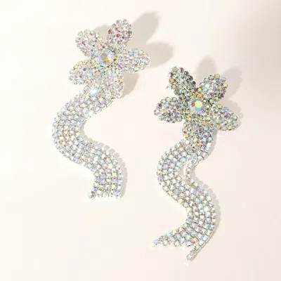 Fashnzfab Rhinestone Paved Flower Fringe Evening Earrings In Silver
