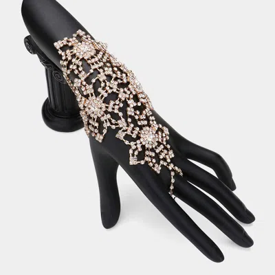 Fashnzfab Rhinestone Paved Flower Pointed Hand Chain Evening Bracelet Gold