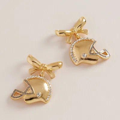 Fashnzfab Rhinestone Paved Football Helmet Bow Drop Dangle Earrings In Gold