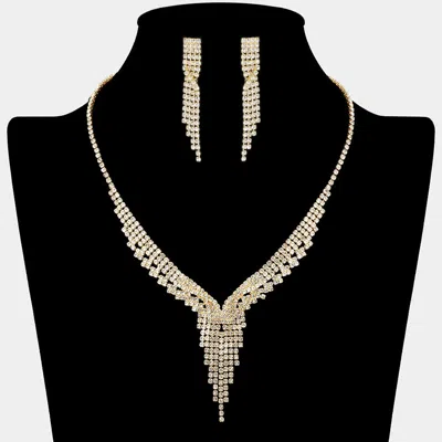 Fashnzfab Rhinestone Paved Fringe Accent V Shaped Necklace - Clear, Gold