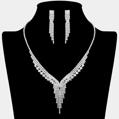 Fashnzfab Rhinestone Paved Fringe Accent V Shaped Necklace - Clear, Silver In Metallic