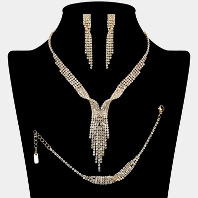 Fashnzfab Rhinestone Paved Fringe Jewelry Set 16.5" + 4.5" L In Gold