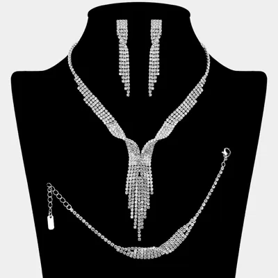 Fashnzfab Rhinestone Paved Fringe Jewelry Set 16.5" + 4.5" L In Silver