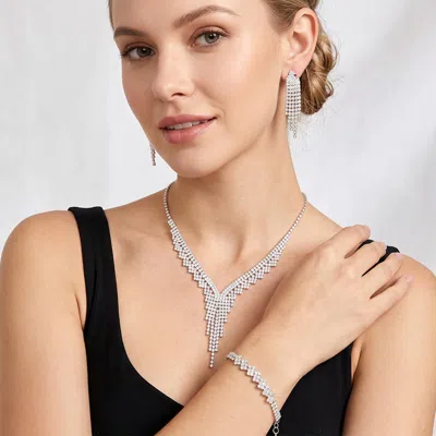 Fashnzfab Rhinestone Paved Fringe Necklace Jewelry Set In Metallic