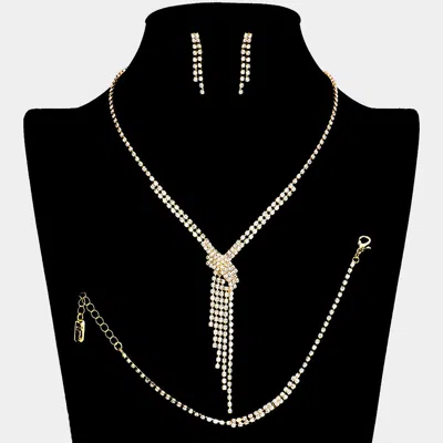 Fashnzfab Rhinestone Paved Fringe V Shape Necklace Jewelry Set In Gold