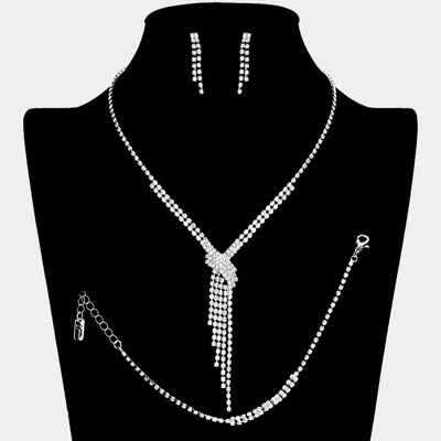 Fashnzfab Rhinestone Paved Fringe V Shape Necklace Jewelry Set In Silver