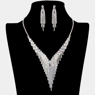 Fashnzfab Rhinestone Paved Fringe V Shaped Necklace 16" + 4" L In Silver