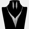 Fashnzfab Rhinestone Paved Fringe V Shaped Necklace 16" + 4" L In White